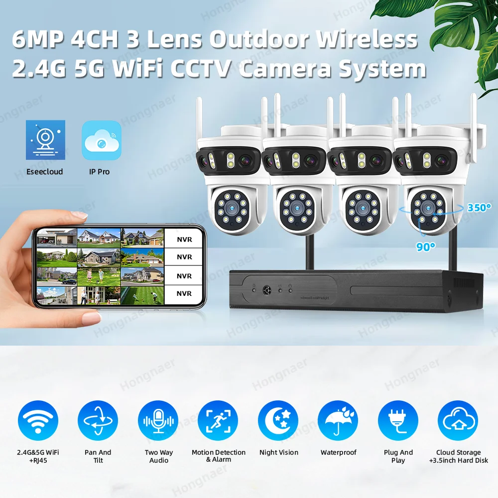 2026 Hongnaer 6MP 4CH 3 Lens 2 - Home Security Wifi Camera ulasan dan harga